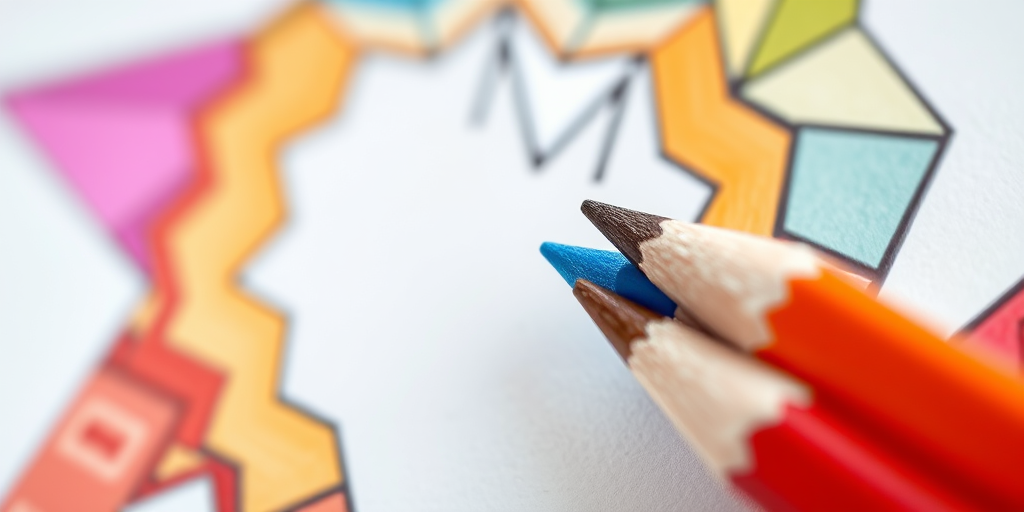 Create a high-resolution digital illustration of a geometric pencil design with vibrant colors, capturing intricate details, in portrait orientation, using a DSLR camera at f/8, ISO 100, with a 50mm lens and soft natural lighting.