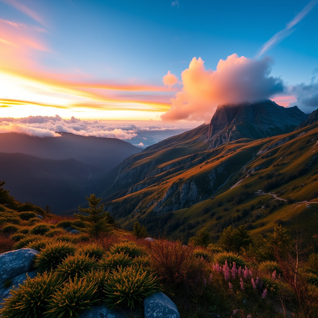 Generate a high-resolution image of a serene mountain landscape during sunrise with vibrant colors and soft clouds, using a Canon EOS R5, 24mm lens, aperture f/8, ISO 100, and a wide-angle view for depth and clarity.
