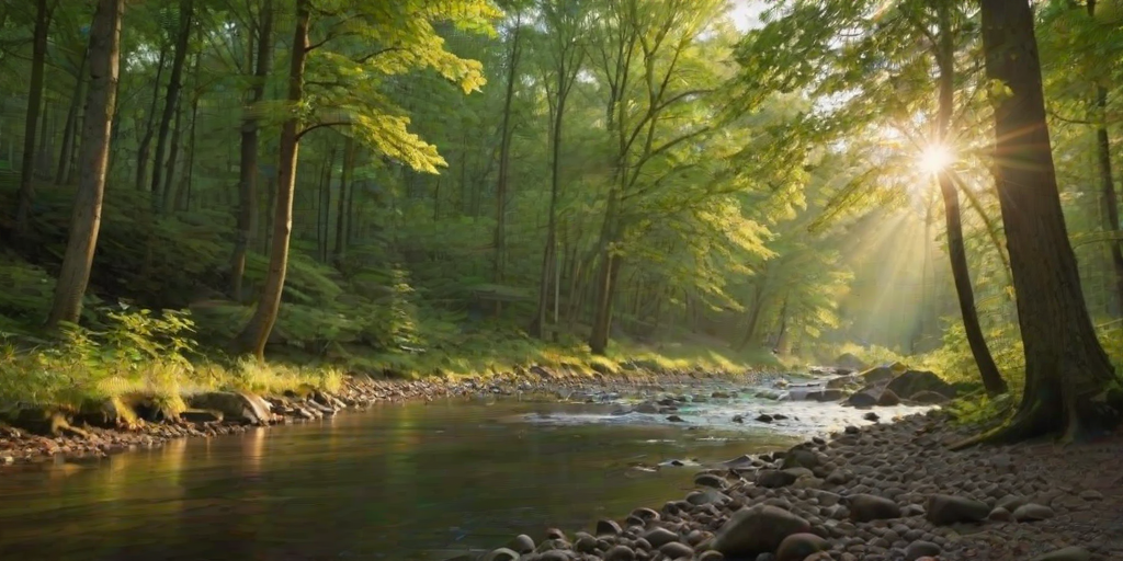Create an image of a serene, sunlit forest scene with a clear, gently flowing river. Tall trees with lush green foliage line both sides of the river, their leaves bathed in the warm golden light of the setting or rising sun. The sunlight filters through the trees, casting soft, dappled light on the river, which flows over smooth rocks and pebbles, creating a peaceful, natural atmosphere. The sky is bright with a few scattered clouds, and the overall mood is tranquil, evoking a deep sense of connection with nature. The image captures the beauty of a calm, pristine forest landscape at either dawn or dusk.