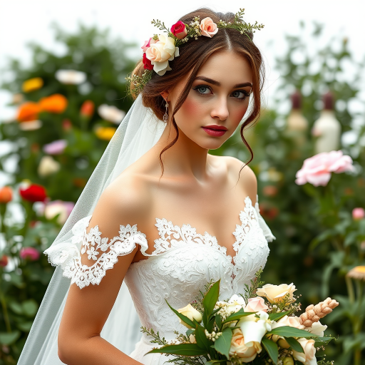 Garden scene, bridal model, delicate lace gown, floral headpiece, soft romantic focus, high-key lighting and an 85mm lens for soft, even tones that highlight the model’s face and bright outfit against a white or light background
