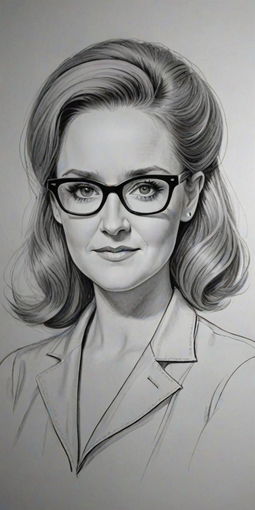 Ravishing Samantha Bee, pencil sketch, portrait of Beauteous woman 1945s in glasses, hair style beatnik, outline, clear lines, fine lines, 8k