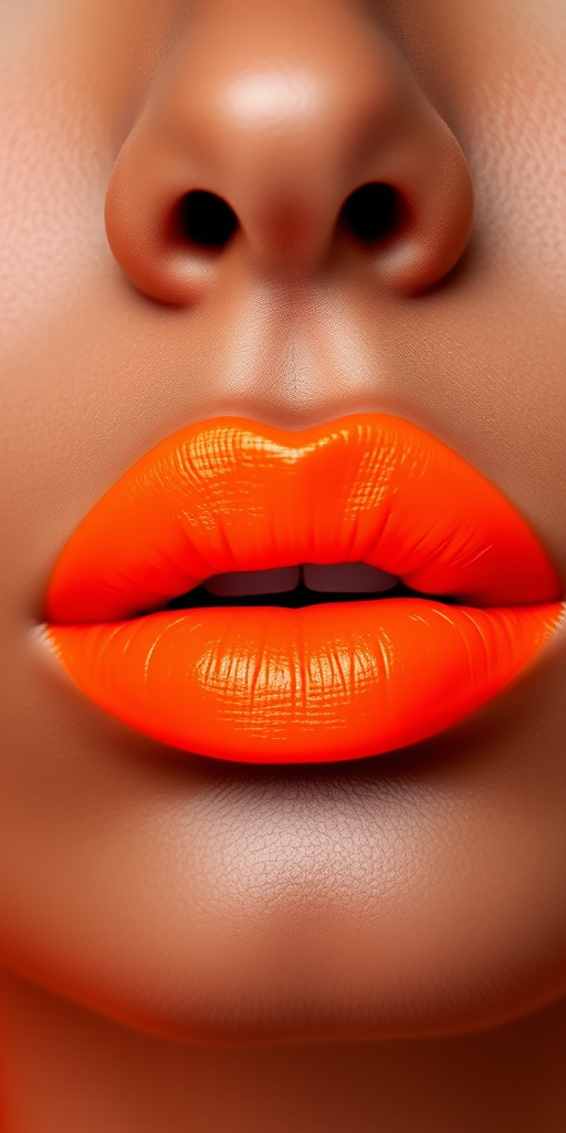 Bold neon orange lips make a vibrant statement, featuring an ultra-matte finish that pops against any skin tone and radiates energy
