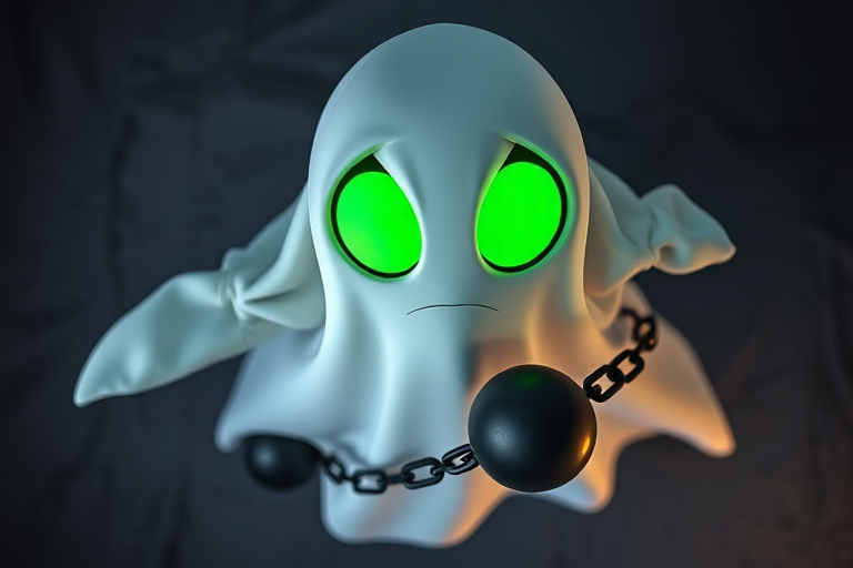 Create a cartoon-style ghost character with large glowing green eyes, wearing a flowing white sheet, attached to a heavy black ball and chain, captured with a Canon EOS R5 at f/2.8, 1/200s shutter speed, ISO 400, top-down view, vibrant colors and sharp focus.