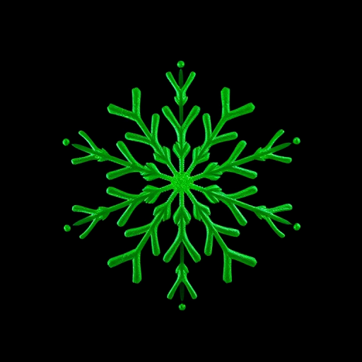 Regenerate an image of a stylized green snowflake on a black background, using a DSLR camera with a 50mm lens, aperture set to f/2.8, ISO 100, and a shallow depth of field for enhanced detail.