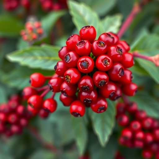 Create an illustration of vibrant red berries clustered on green foliage in a stylized botanical design, using a high-resolution camera with a macro setting, a shallow depth of field, natural lighting, and a focus on color contrast.