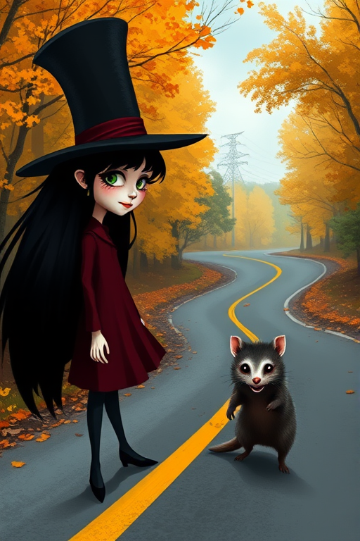 digital art fantasy depicting a strange girl with black hair, long eyelashes, Yellow lipstick and a tall hat walking along a winding road on an autumn afternoon, an Numbat smiles as she passes