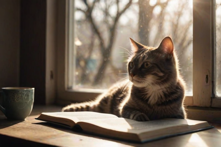 High-contrast image of a cat sitting on a windowsill, sun streaming in through the glass, casting shadows of tree branches on the floor, soft focus on the cat's eyes as it watches birds outside, a cup of tea steaming on a table nearby, a book left open with pages fluttering in the breeze.