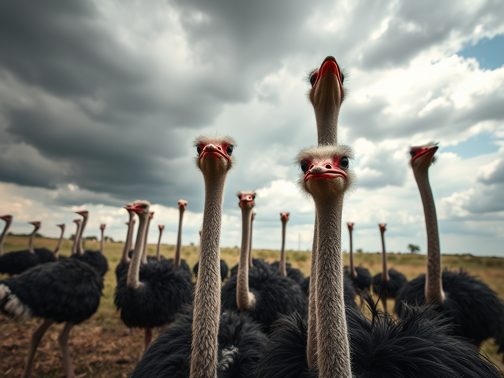 ostriches in a field with cloudy sky, using a Canon EOS R5, 50mm lens, aperture f/2.8, ISO 100, shutter speed 1/2000s, with a wide-angle perspective and natural lighting to enhance details.
