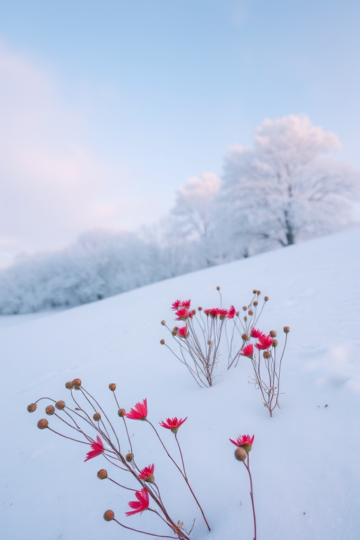 a serene winter landscape with soft falling snow, pale blue sky, frosted trees in the background, a gentle slope covered in snow with delicate red flowers in the foreground, shot from a wide-angle view, using a DSLR camera at f/5.6, ISO 200, shutter speed 1/250 sec, in a soft focus style to enhance the tranquility of the scene