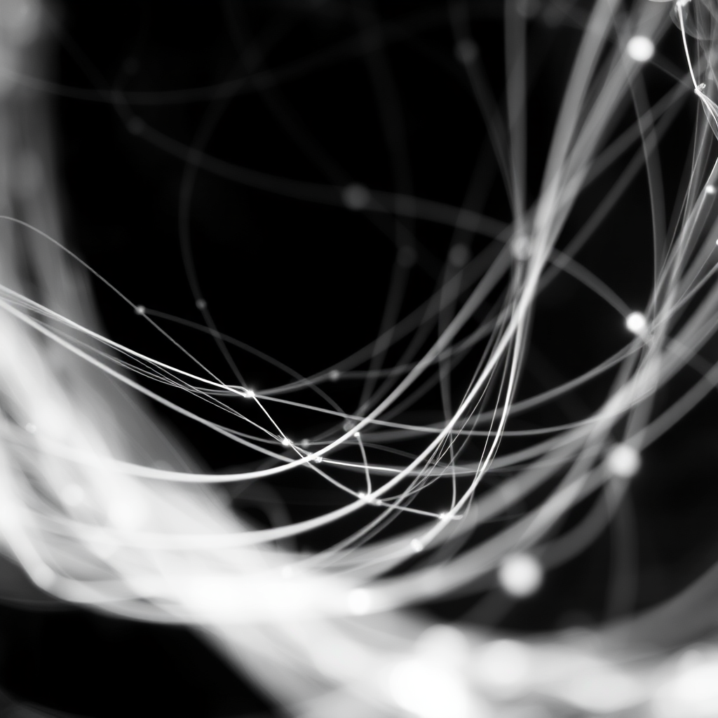 Create an abstract monochrome image featuring intricate glowing lines and patterns with a soft focus effect, using a DSLR camera with a 50mm lens, aperture f/2.8, ISO 100, and a slow shutter speed of 1/15s for enhanced detail and texture, shot from a close-up angle to emphasize depth and complexity.