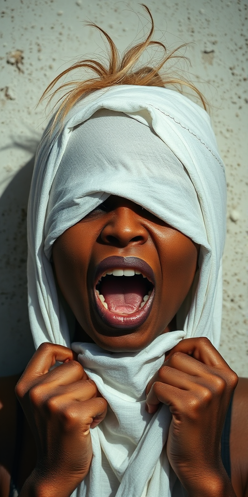 Create a close-up photographic image of a Cape Verdean woman with light skin tones shown against an old, worn wall. Their head is wrapped in a white cloth covering (i.e.... parts of the head except the nose and mouth, which are open as if they are screaming...), with a slight texture and visible folds in the fabric. Thin strands of blonde hair escape from the wrapping above, falling lightly at the top and sides. Their hands hold the fabric as if they are tugging nervously. The lighting is dramatic and even, casting strong shadows. The image has a minimalist and surreal style with an emphasis on simplicity with soft color tones. The composition is centered.