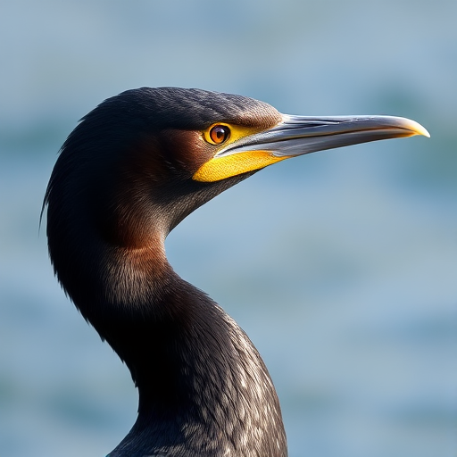 close-up of a cormorant with sharp focus, shallow depth of field, natural lighting, ISO 200, f/4, 1/500s, taken with a DSLR camera using a 300mm lens, side profile view against a blurred watery background