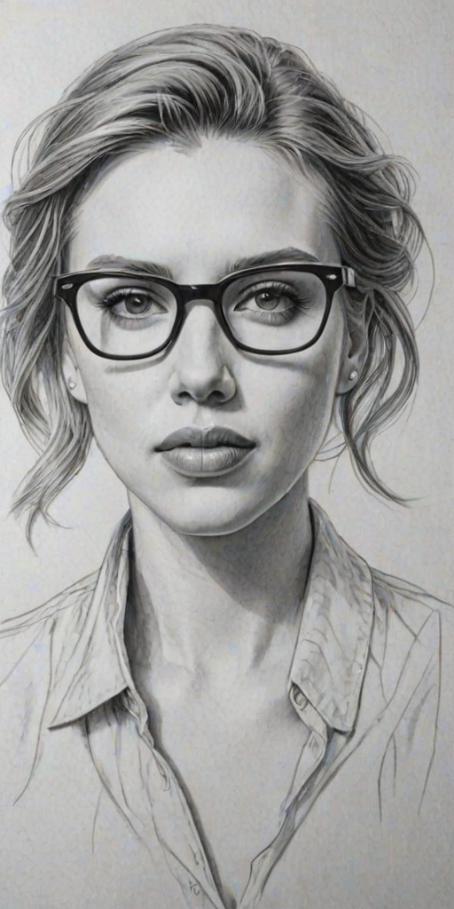 Graceful Scarlett Johansson, pencil sketch, portrait of Wonderful woman 1979s in glasses, hair style beatnik, outline, clear lines, fine lines, 8k