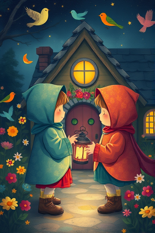 Generate a whimsical illustration of two children in colorful hooded cloaks holding a lantern at night, in front of a cozy, warmly lit cottage surrounded by vibrant flowers and birds, using a DSLR camera with a 50mm lens, aperture f/1.8, ISO 100, and soft focus style for enhanced depth and warmth.