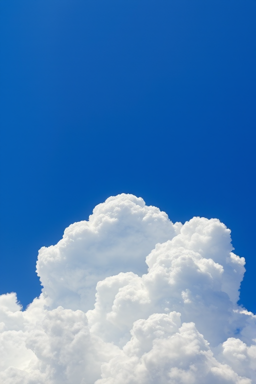 High-resolution image of a cumulus cloud formation under a bright blue sky, shot with a 50mm lens at f/8, ISO 100, 1/200 sec, using a DSLR camera from a low angle to capture details and depth in the clouds.