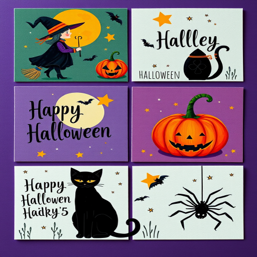 Create a vibrant Halloween-themed illustration featuring six cards with a witch, a black cat, a pumpkin, a spider, and Halloween phrases in a whimsical style, using a Canon EOS R5 with a 24-70mm f/2.8 lens, aperture set to f/4, ISO 200, in a top-down view for enhanced detail and color saturation.