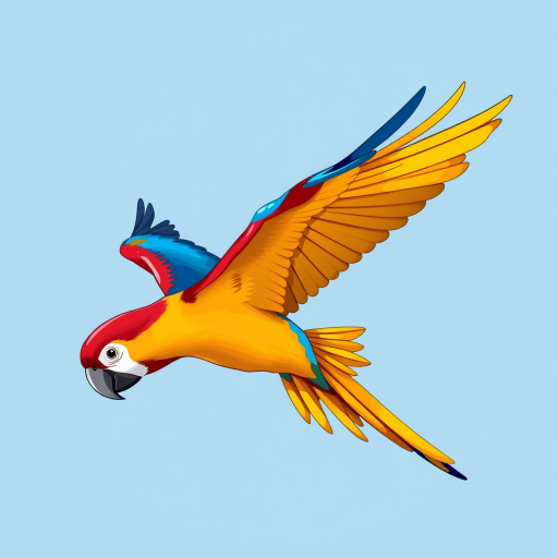 Create a vibrant illustration of a flying parrot with bright red, yellow, and blue feathers against a light blue circular background using a digital art style, simulating a 50mm lens with an aperture of f/2.8 and a shallow depth of field for enhanced focus on the parrot.