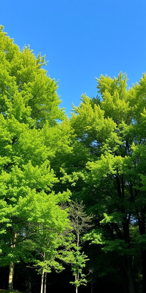 Create a high-resolution image of a scenic landscape featuring a lush green forest with a clear blue sky, captured with a Canon EOS R5, using a 24-70mm f/2.8 lens, at f/8, ISO 100, with a shallow depth of field, shot from a low angle to emphasize the trees.