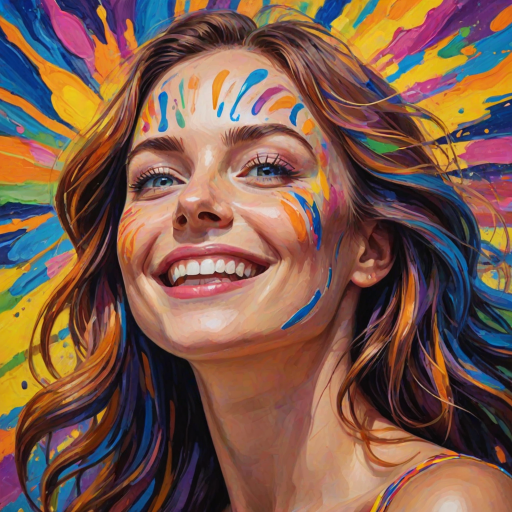 Generate a psychedelic portrait of a woman's happy face with brushstrokes of a woman smiling and looking up at the sky, emphasizing bright and bold colors. The dominant color should be deep blue, with swirling patterns of yellow, green, pink, purple and orange. open blue eyes with long eyelashes, apply an orange-yellow eyeshadow for a mesmerizing effect.