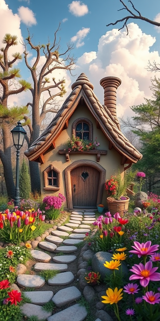 Generate a whimsical fairy tale cottage in a vibrant enchanted forest with colorful flowers and surreal floating clouds, captured with a DSLR camera at f/2.8, ISO 100, 35mm lens, wide-angle view, using soft lighting to enhance details and textures.