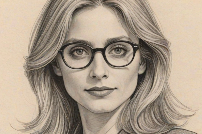 Fetching Helen Slater, pencil sketch, portrait of Appealing woman 1974s in glasses, hair style beatnik, outline, clear lines, fine lines, 8k