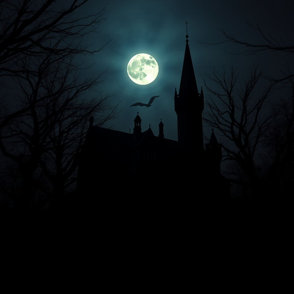 regenerate a dark, atmospheric Halloween scene featuring a silhouette of an eerie castle, bare trees, a full moon, and a graveyard, captured with a DSLR camera, f/8 aperture, ISO 200, 24mm lens, shot at twilight for dramatic lighting and contrast.