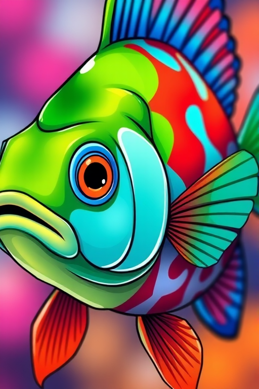Create a vibrant, cartoon-style illustration of a colorful fish with a green, blue, and red pattern, using a DSLR camera with a 50mm lens at f/2.8, in a close-up view to enhance details and saturation.