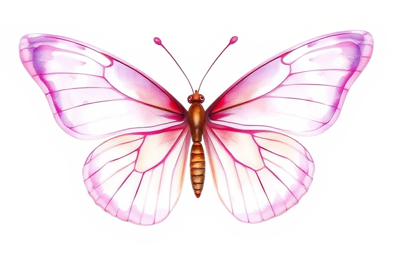 Create a watercolor illustration of a butterfly with soft pink and purple hues. The wings should have delicate details and a gentle gradient from light pink to deeper purple, showcasing the intricate patterns. The body of the butterfly should be slender and brown, adding contrast to the vibrant wings.