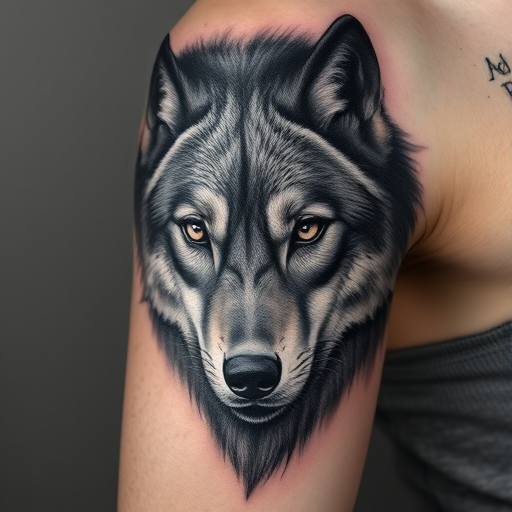 Realistic grayscale tattoo portraying a lifelike wolf's piercing gaze on the bicep, with hyper-detailed fur textures and shadowing techniques for depth and dimension