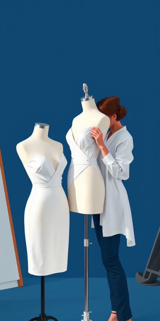 Create a digital illustration of a fashion designer in a studio setting, working on a white dress on a mannequin, with a solid deep blue background; use a Canon EOS R5 camera with a 50mm lens at f/2.8, ISO 100, 1/125s shutter speed, shot in soft natural light for enhanced detail and clarity.