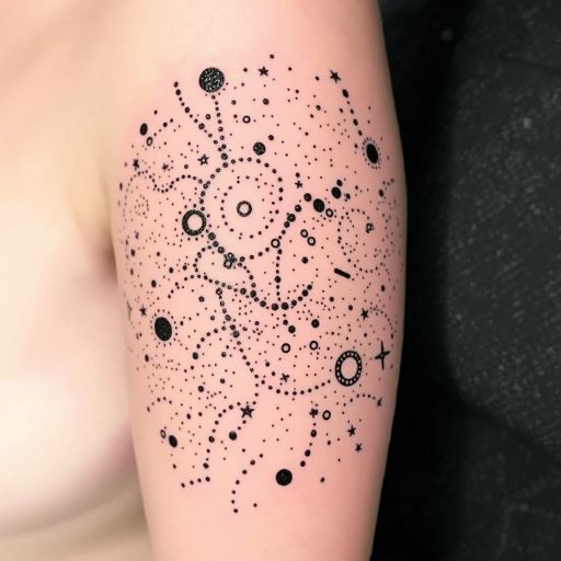 Dotwork tattoo "Celestial Whispers" depicting a dreamy night sky filled with constellations and galaxies, created entirely with meticulously placed black ink dots of varying sizes and densities