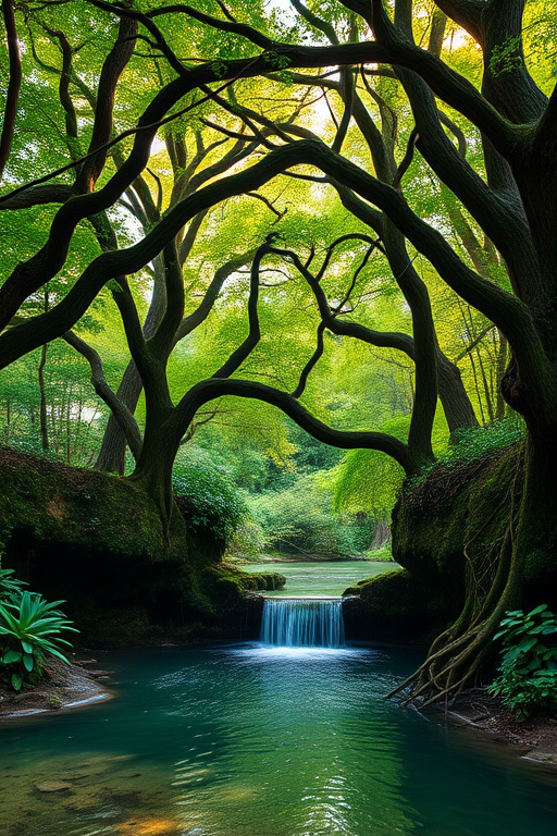 generate a high-resolution image of a mystical forest with intertwined trees forming a natural archway, a gentle waterfall cascading into a clear pool surrounded by lush greenery, soft morning light filtering through the leaves, taken with a DSLR camera at f/8 aperture, ISO 200, 24mm focal length, in landscape orientation using a wide-angle lens to capture depth and intricate details