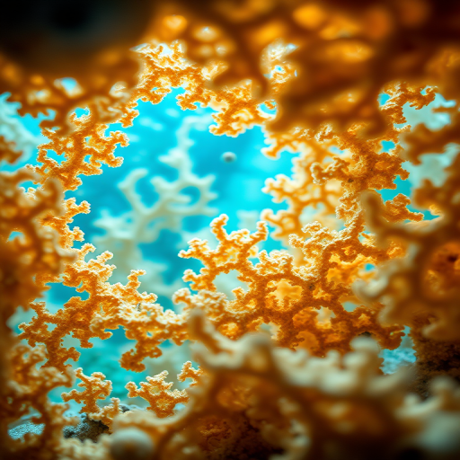 fractal architecture underwater scene with intricate golden and beige patterns illuminated by soft blue light, macro lens, f/8 aperture, ISO 100, 50mm focal length, soft focus background, HDR imaging, DSLR camera