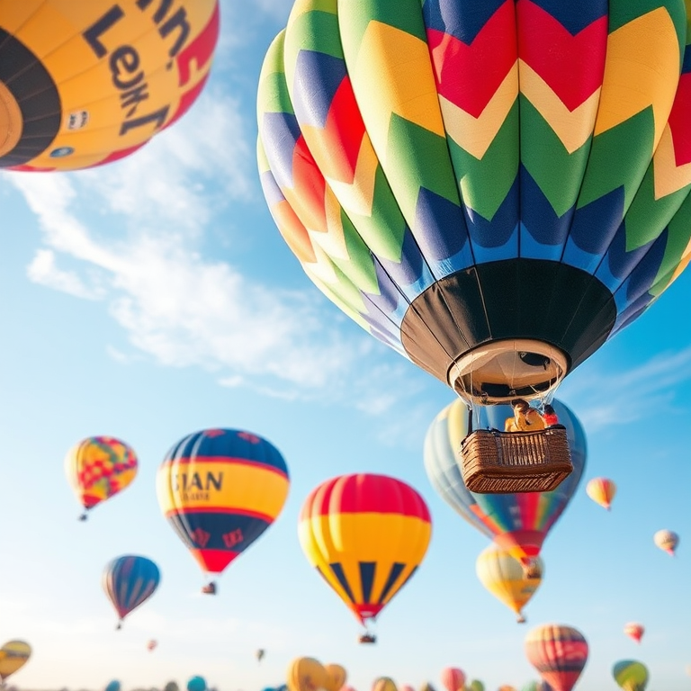 Generate an image of colorful hot air balloons floating in a bright sky with a watercolor effect, captured with a DSLR camera at f/8 aperture, ISO 100, 1/1000 sec shutter speed, wide-angle lens, and a soft-focus background for enhanced image quality.