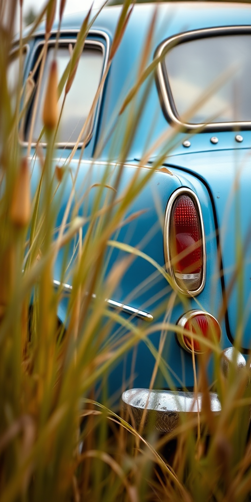 Generate a high-quality image of an old blue car partially obscured by tall grass, shot with a DSLR camera, 50mm lens, f/1.8 aperture, ISO 100, natural lighting, shallow depth of field, focus on the rear side of the car.