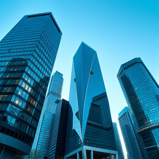 Create a high-resolution image of a modern city skyline featuring contemporary glass skyscrapers, shot with a Canon EOS R5 at f/8, ISO 100, 24mm focal length, using a wide-angle lens from a low angle to capture the height and reflections of the buildings against a clear blue sky.