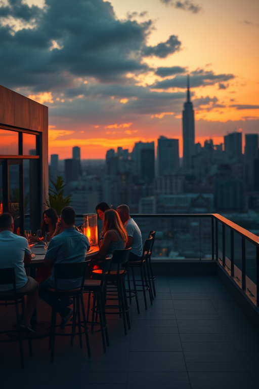 Generate an image of a rooftop setting during sunset with a city skyline in the background, featuring people seated at a bar, using a Canon EOS R5 camera with a 50mm f/1.8 lens at ISO 100, aperture f/2.8, shutter speed 1/200s, capturing a warm, soft focus style.