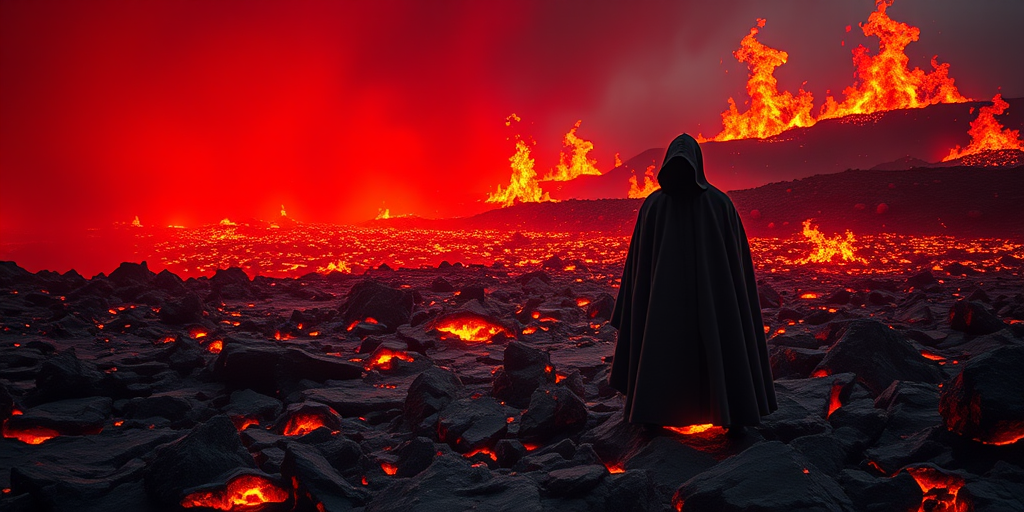Generate a hellish landscape with a glowing crimson glow from molten lava, a cloaked figure in the foreground, details of rocky terrain, dramatic flames in the background, captured with a Canon EOS R5, 24mm f/1.4 lens, ISO 400, aperture f/2.8, shutter speed 1/60 sec, in a wide-angle perspective to enhance the depth of the scene.