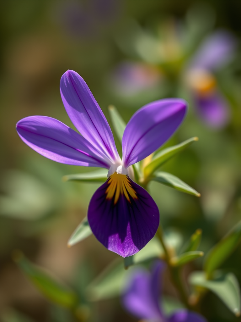 Create a high-resolution digital illustration of a purple flower with a yellow center and green leaves, using a Canon EOS R camera with a 50mm lens, aperture f/2.8, ISO 200, and a shallow depth of field to enhance the quality and focus on the flower while blurring the background.