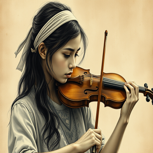 a young M'tis woman with a white headband playing a violin, in the style of a charcoal drawing, sepia grunge background