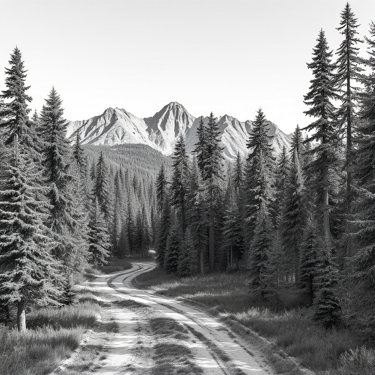 Create a detailed black and white landscape illustration of a winding path through a dense forest with tall trees, mountains in the background, and a clear sky, using a Canon EOS 5D Mark IV with a 24-70mm f/2.8 lens, aperture set to f/8, shutter speed at 1/125s, ISO 100 for crisp detail and clarity.