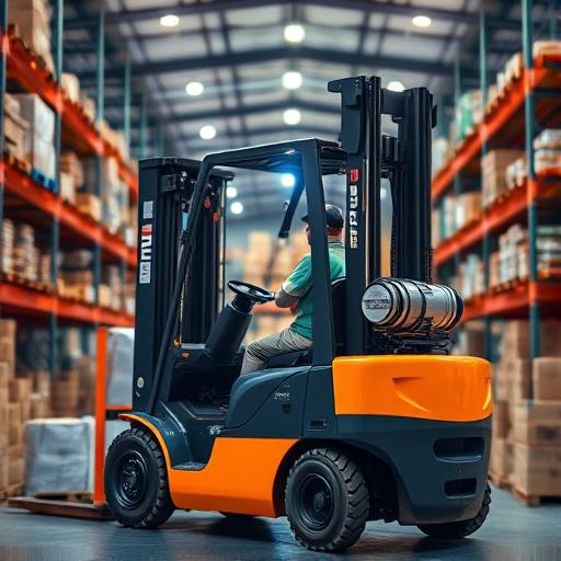 Generate a high-quality image of a forklift in a busy warehouse setting, using a DSLR camera with a 50mm lens, aperture set to f/2.8, ISO 100, and shutter speed of 1/500s, in a wide-angle view to capture the environment and details of the forklift and its operator.