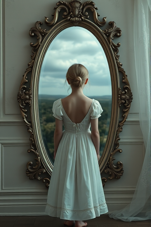 A hauntingly beautiful scene featuring a pale girl in a vintage white dress standing in front of an ornate mirror reflecting a surreal landscape, soft diffused lighting, 50mm lens, f/1.8 aperture, ISO 100, shallow depth of field, shot with a full-frame DSLR camera.