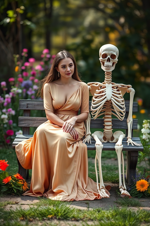 a serene outdoor scene with a woman in a flowing silk dress sitting on a wooden bench beside a skeleton surrounded by colorful flowers, captured with a Canon EOS R5, 50mm lens, f/1.8, natural light, soft focus, mid-afternoon setting