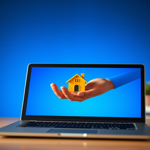 Create a stylized digital illustration of a hand emerging from a laptop screen holding a small yellow house, vibrant blue background, soft focus, depth of field effect, Canon EOS R5, 50mm lens, f/2.8, 1/125s, ISO 200.