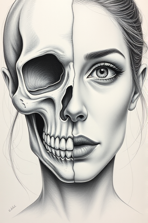 Detailed realistic drawing of the face of a woman facing the viewer but the left half of her face is skull while the right side of her face is normal. She has no hair on the left side of her face only a skull and also her eye-socket is hollow on the left side