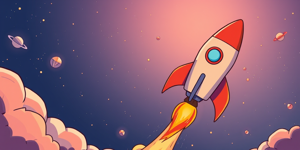 Create a detailed illustration of a cartoon rocket launching into space with vibrant orange and red flames, using a digital drawing tablet, shot from a low-angle perspective, at 300 DPI for high resolution.