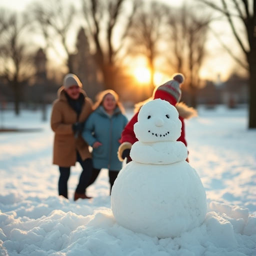 Blurry candid shot of a family building a snowman in a quiet park, soft golden light from the setting sun casting long shadows on the snow, with laughter and joy filling the scene.