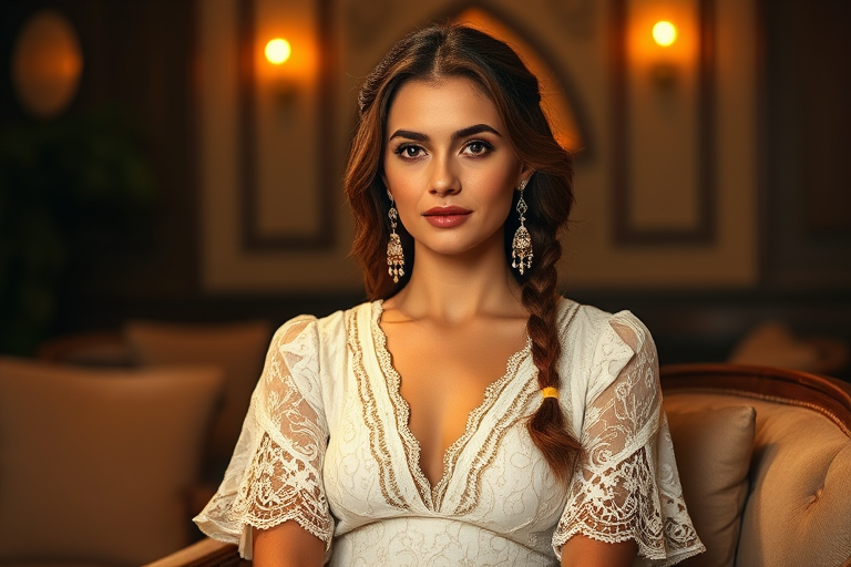 Create a portrait of a refined and elegant Kurdish woman seated in a sophisticated setting. She has long, wavy hair styled in two thick braids that are pulled over her shoulders. She wears a white, lace gown with intricate patterns, featuring a deep V-neckline and short sleeves. The dress exudes a vintage charm with its delicate lacework. She is adorned with ornate, dangling earrings that add a touch of glamour to her appearance. The background is softly lit, with warm, ambient lighting that creates a cozy and inviting atmosphere. Her expression is poised and serene, capturing a sense of grace and elegance.