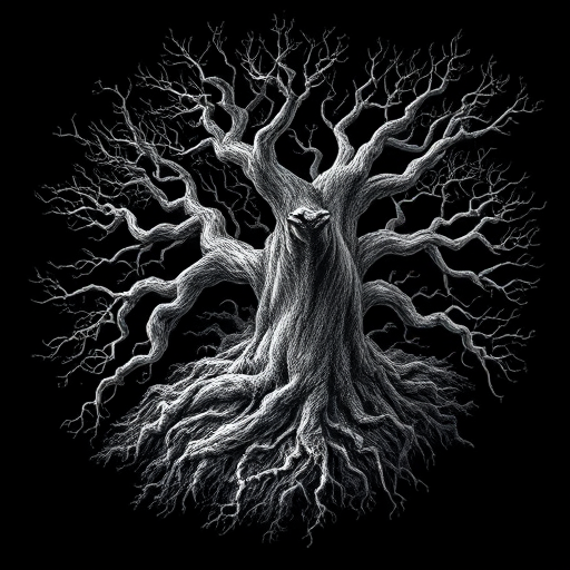 regenerate a black and white artistic sketch of a twisted tree with intricate branches and roots, high-resolution 300 DPI, taken with a DSLR camera at f/2.8 aperture, 50mm lens, natural lighting, top-down view